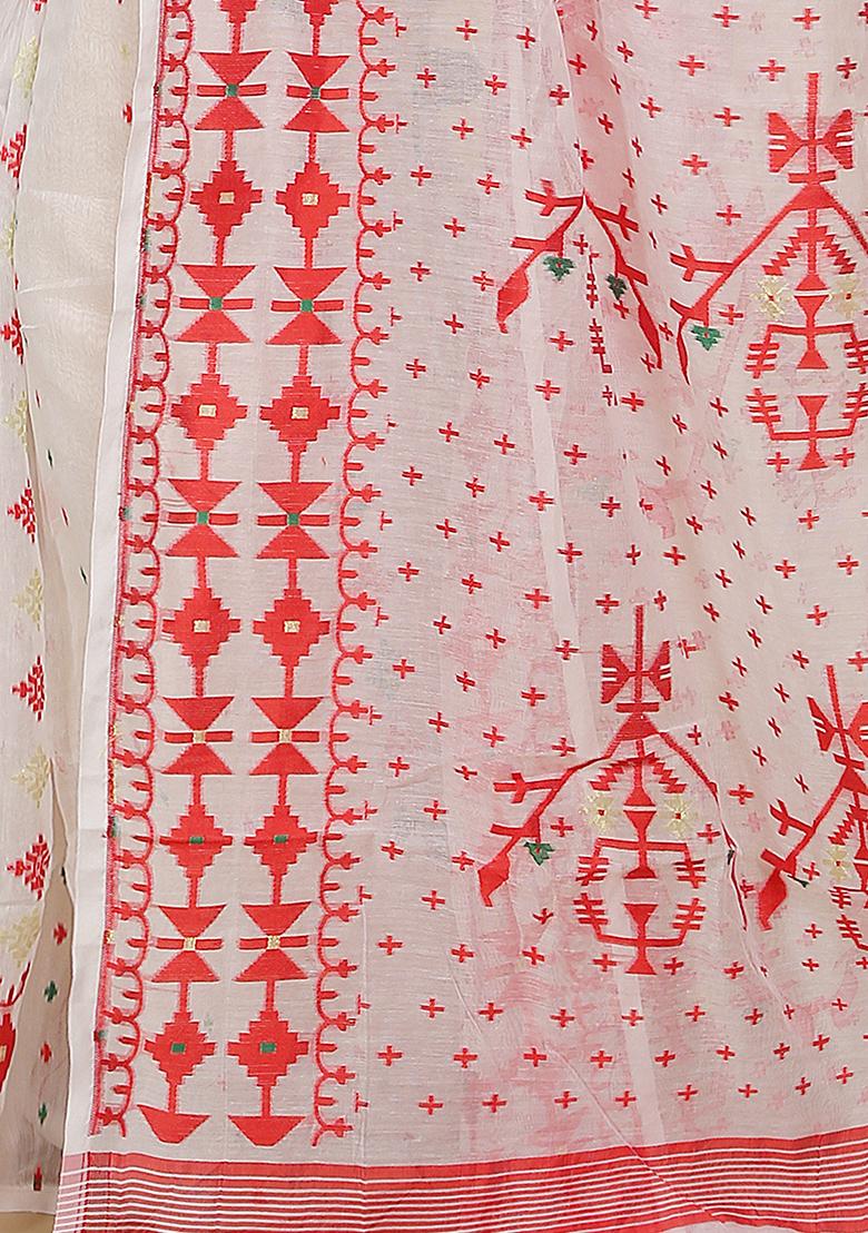 White Jamdani Art Silk Saree