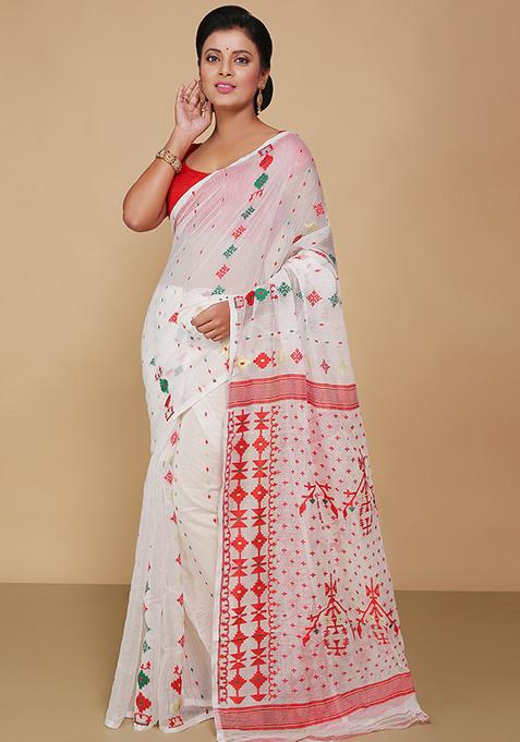 White Jamdani Art Silk Saree