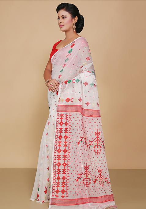 White Jamdani Art Silk Saree