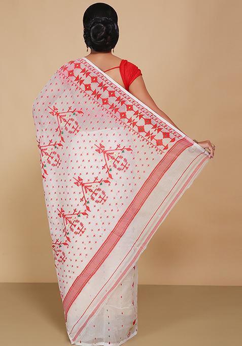 White Jamdani Art Silk Saree