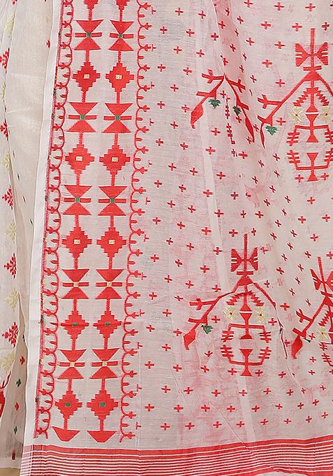 White Jamdani Art Silk Saree