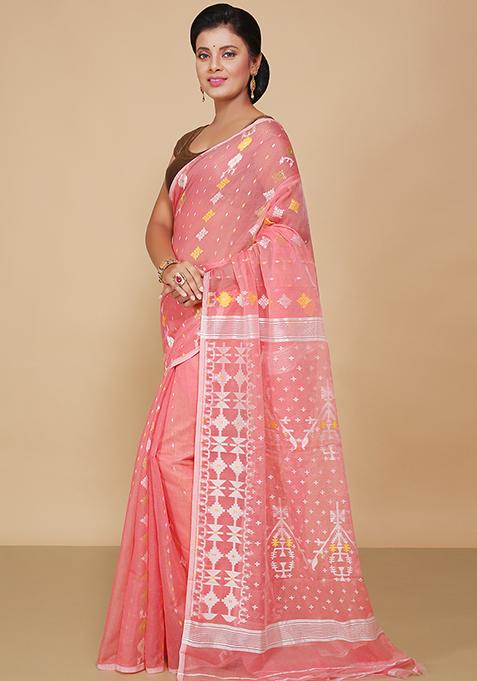 Pink Jamdani Art Silk Saree