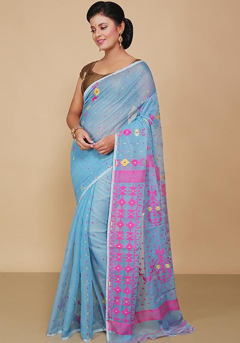 Sky Blue Jamdani Art Silk Saree