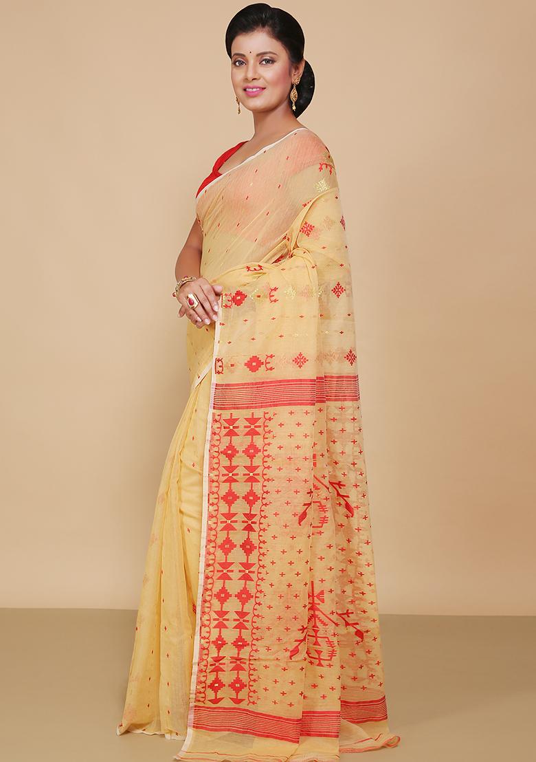 Beige Jamdani Art Silk Saree - Indya