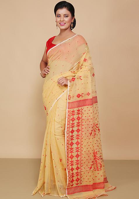 Beige Jamdani Art Silk Saree