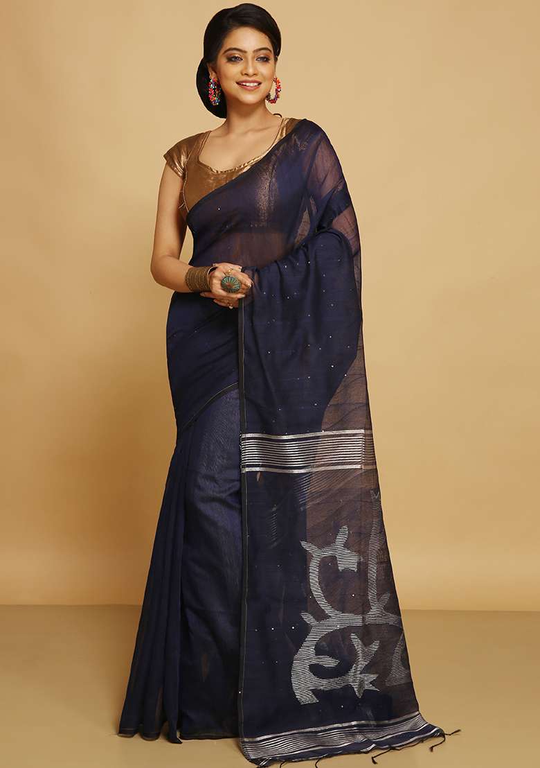Black Embroidered Art Silk Blend Saree Set - Indya