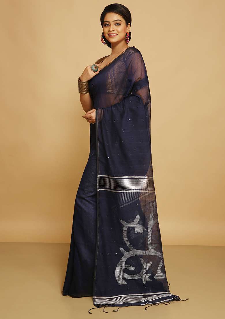 Black Embroidered Art Silk Blend Saree Set - Indya