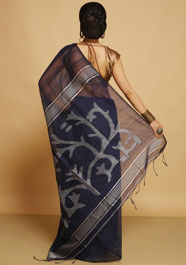 Black Embroidered Art Silk Blend Saree Set - Indya