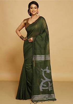Deep Green Embroidered Art Silk Saree Set