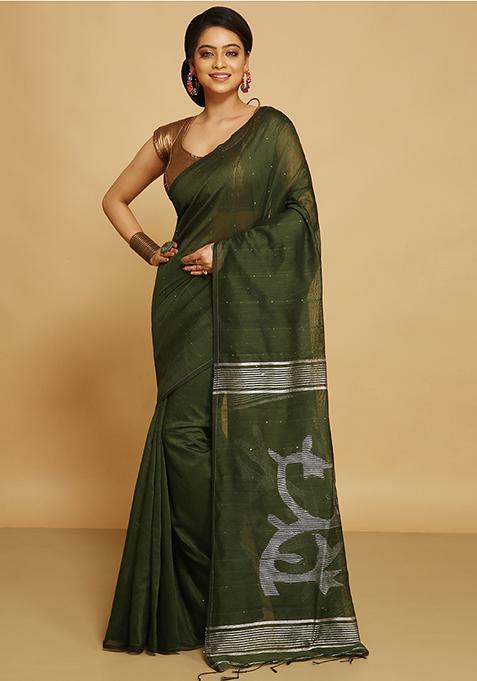 Deep Green Embroidered Art Silk Saree Set