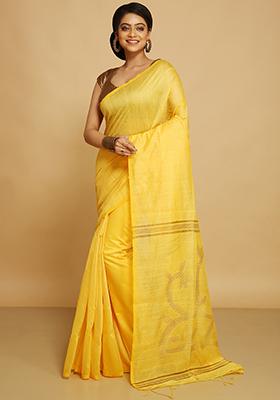 Yellow Embroidered Art Silk Saree Set