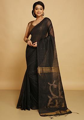 Black Embroidered Art Silk Saree Set
