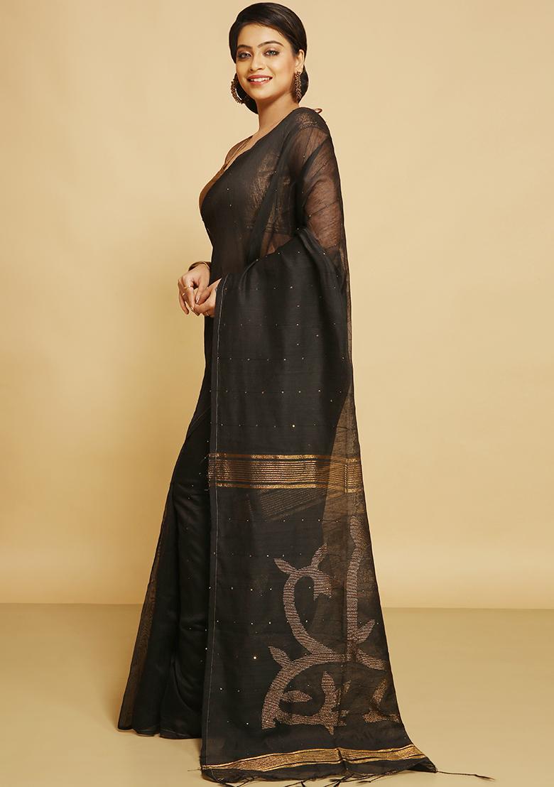 Black Embroidered Art Silk Saree Set