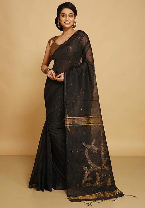 Black Embroidered Art Silk Saree Set