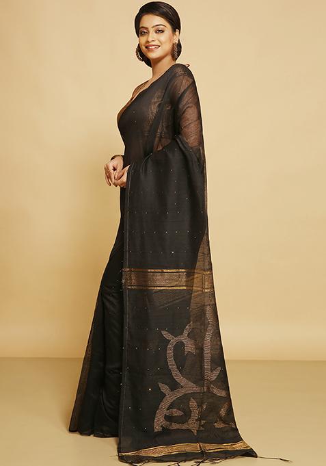 Black Embroidered Art Silk Saree Set