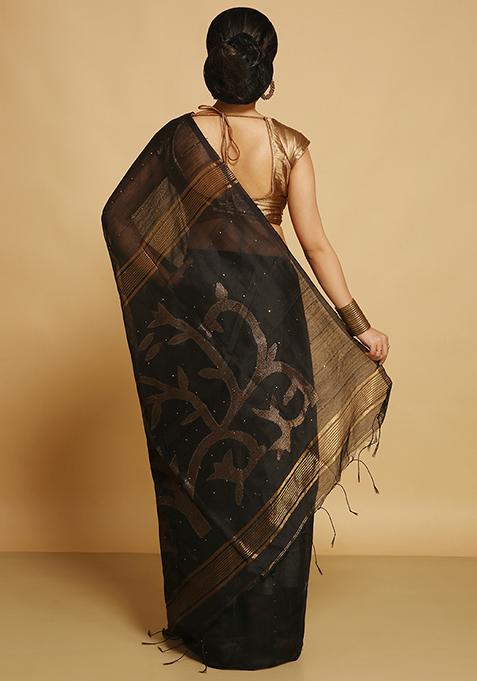 Black Embroidered Art Silk Saree Set