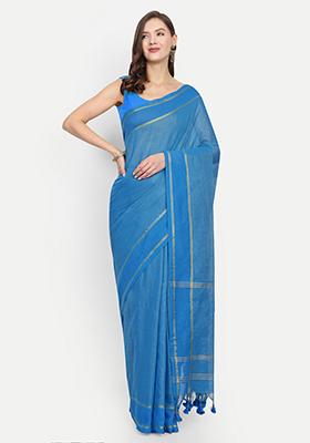 Sky Blue Embroidered Art Silk Saree Set