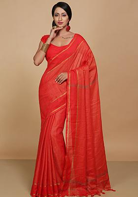 Red Embroidered Art Silk Saree Set