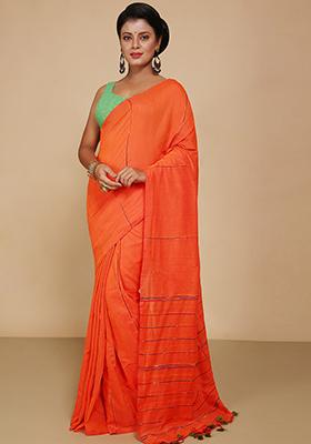 Orange Embroidered Cotton Saree Set