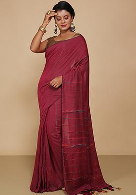 Maroon Embroidered Cotton Saree Set