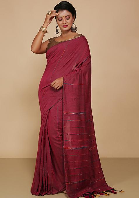 Maroon Embroidered Cotton Saree Set
