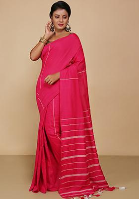 Pink Embroidered Cotton Saree Set