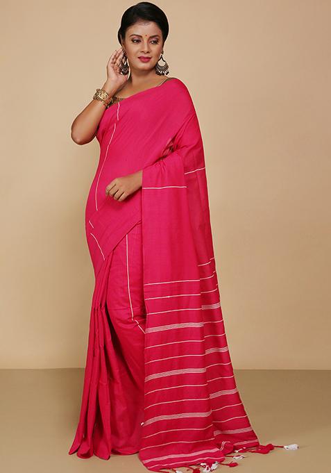 Pink Embroidered Cotton Saree Set