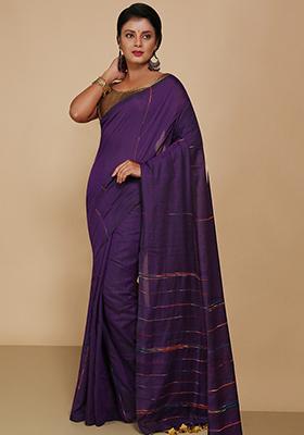 Violet Embroidered Cotton Saree Set