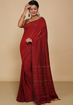 Red Embroidered Cotton Saree Set