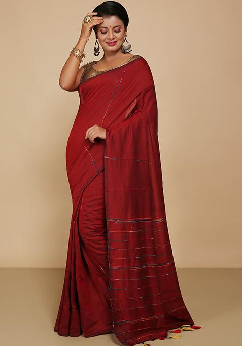 Red Embroidered Cotton Saree Set