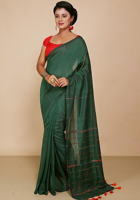 Green Embroidered Cotton Saree Set