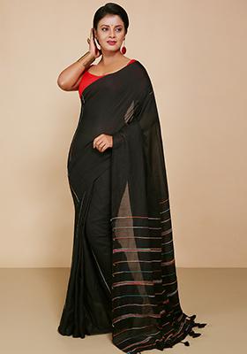 Black Embroidered Cotton Saree Set