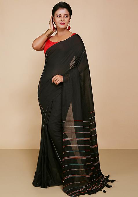 Black Embroidered Cotton Saree Set