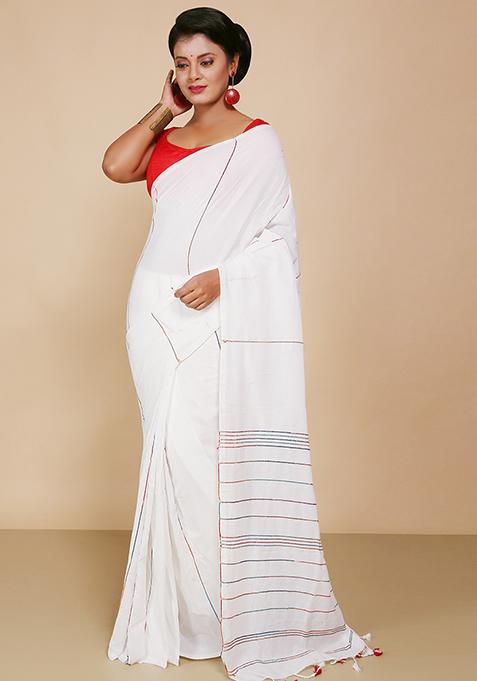 White Embroidered Cotton Saree Set