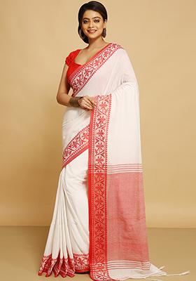 White Embroidered Art Silk Saree Set