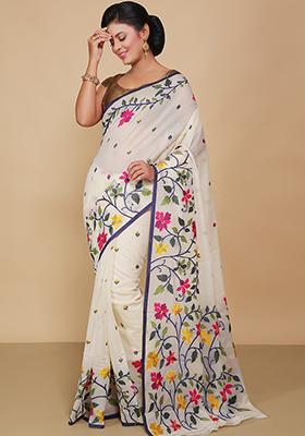 White Embroidered Cotton Saree Set