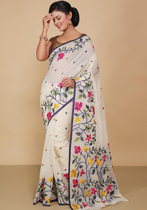 White Embroidered Cotton Saree Set