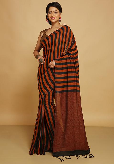 Orange Embroidered Art Silk Saree Set