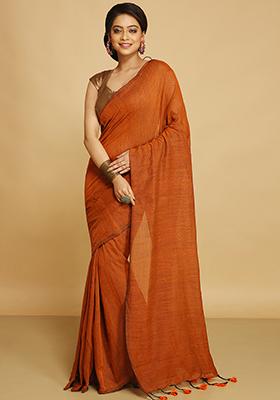 Orange Embroidered Art Silk Saree Set