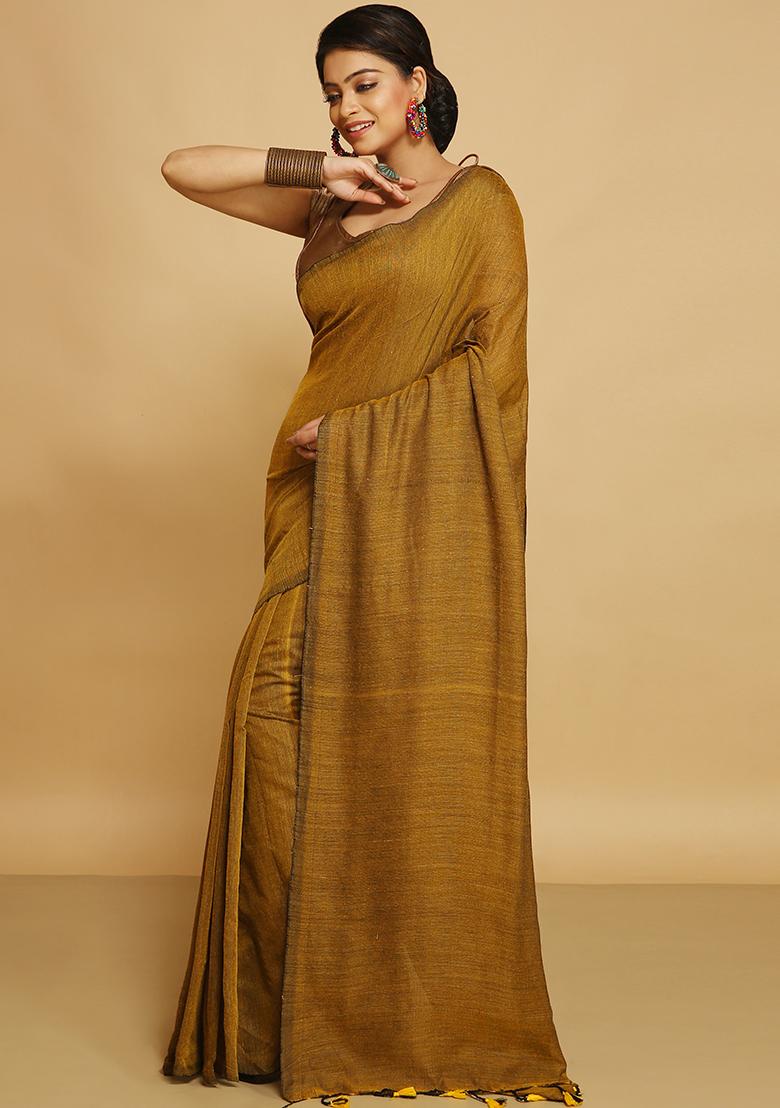 Gold Embroidered Art Silk Saree Set - Indya