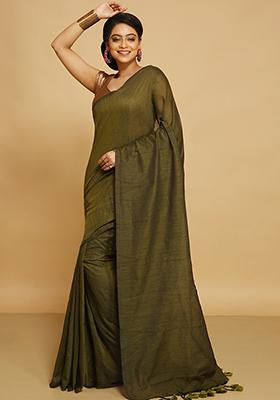 Deep Green Embroidered Art Silk Saree Set
