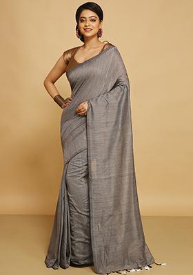 Grey Embroidered Art Silk Saree Set
