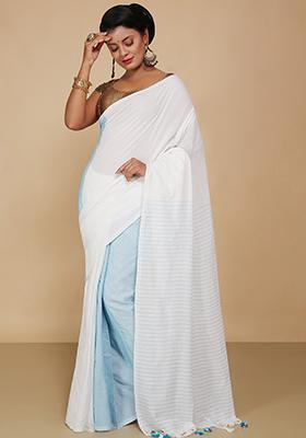 White Embroidered Cotton Saree Set
