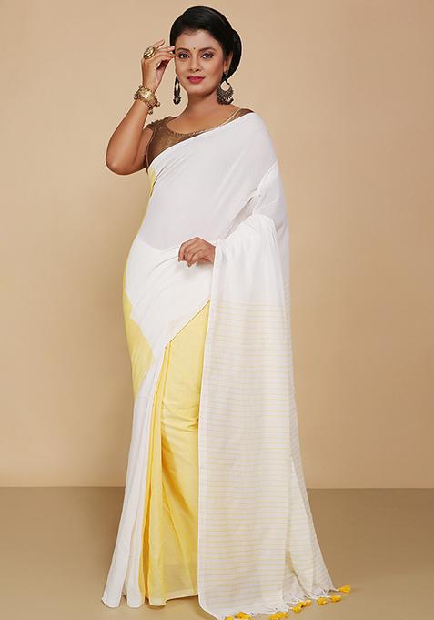 Yellow Embroidered Cotton Saree Set