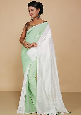 White Embroidered Cotton Saree Set