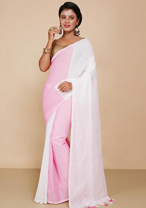 White Embroidered Cotton Saree Set