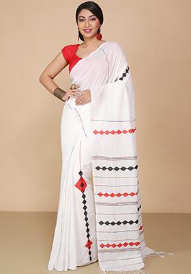 White Embroidered Art Silk Saree Set