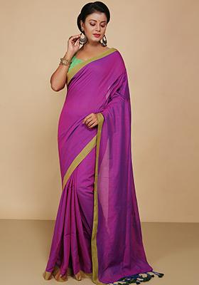 Magenta Embroidered Cotton Saree Set