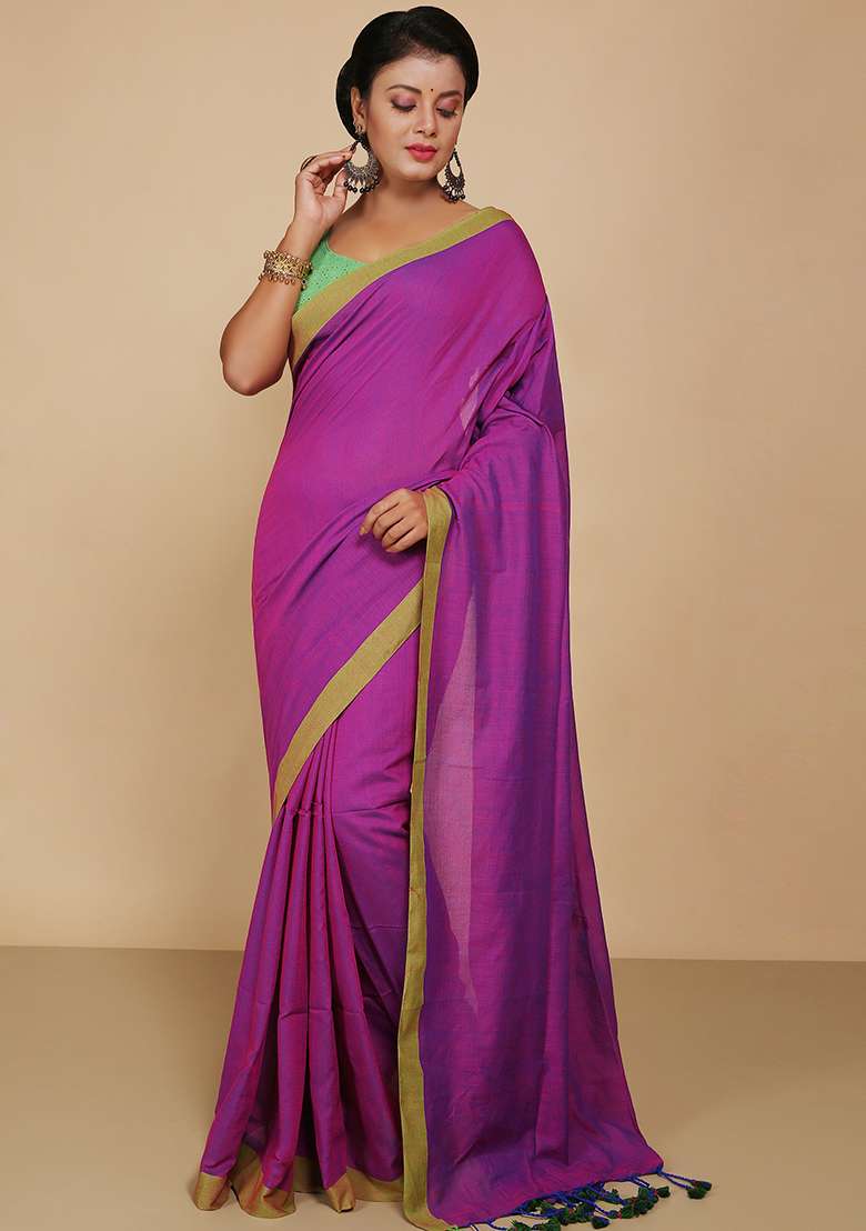 Magenta Embroidered Cotton Saree Set for Diwali and Festive Wear - Indya