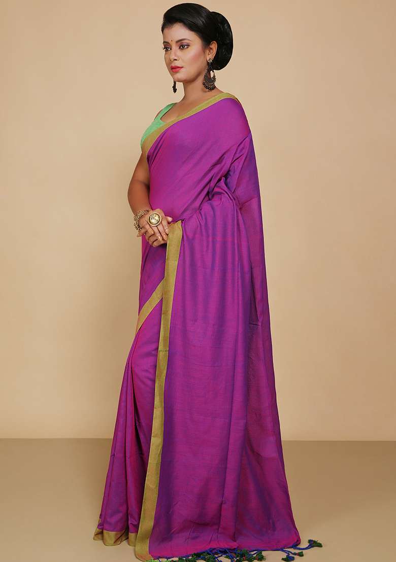 Magenta Embroidered Cotton Saree Set for Diwali and Festive Wear - Indya